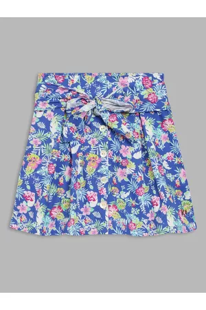 Blue Giraffe Girls Blue Floral Printed Knee-Length Flared Pure Cotton Skirts