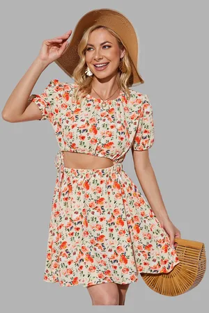 JC Collection Women Beige & Yellow Floral Puff Short Sleeves Dress