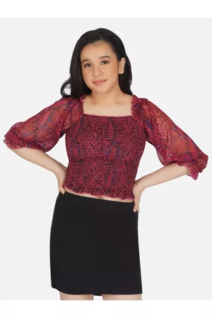 Antheaa Girls Pink & Blue Animal Print Smocked Chiffon Crop Top