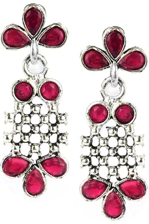 DESI COLOUR Silver-Toned & Red Floral Drop Earrings
