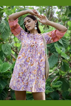 ATHENA Lavender Floral Tie-Up Neck Crepe A-Line Dress