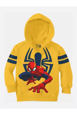 BONKIDS Girls Mustard Yellow Printed Spiderman Cotton Hooded Sweatshirt
