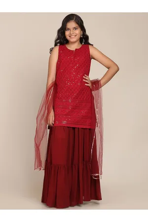 Bhama Girls Maroon Embroidered Kurti with Sharara & With Dupatta