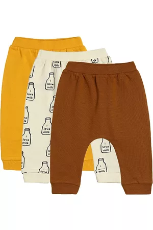 MINI KLUB Infant Boys Pack of 3 Yellow & Brown Graphic Printed Pure Cotton joggers