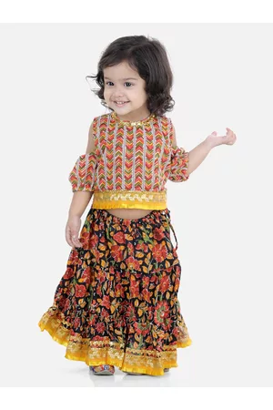 BownBee Girls Black & Orange Kalamkari Printed Ready to Wear Lehenga & Blouse