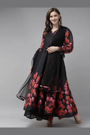 Bhama Couture Women Black Floral Printed Chanderi Silk Anarkali Kurta & Dupatta
