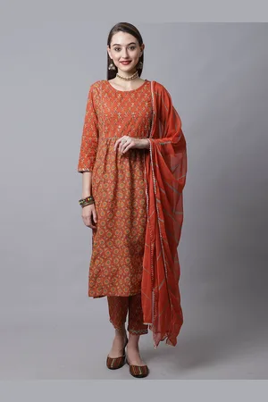 Rajnandini Women Brown Floral Printed Pure Cotton Kurta with Trousers & With Dupatta