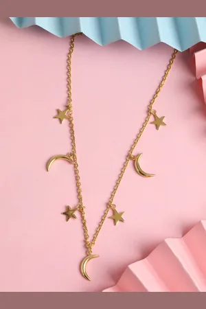 CLARA Women Gold-Toned Sterling Silver Gold-Plated Moon & Star Necklace