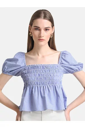 Kazo Women Blue Striped Puff Sleeves & Smocking Detail Crop Top