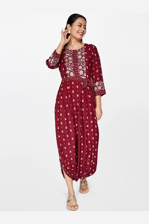 Global Desi Women Maroon & White Printed Basic Jumpsuit