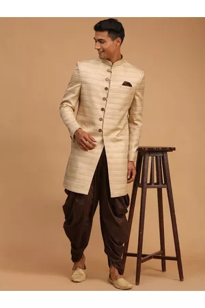Vastramay Men Beige & Brown Striped Slim Fit Sherwani Set