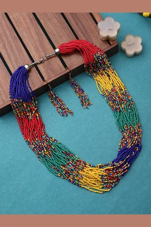 Cardinal Red & Green Beaded Multistring Necklace & Earrings Set