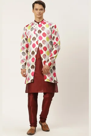 SOJANYA Men Maroon Layered Kurta with Churidar & Jacket