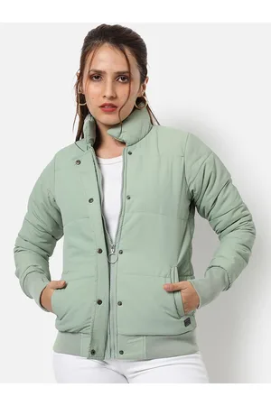 Campus Women Green Striped Windcheater Crop Outdoor Bomber with Patchwork Jacket