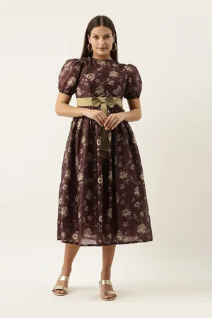 Ethnovog Maroon Beige Floral Printed A-Line Midi Dress
