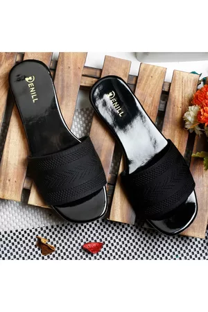 Denill Women Black Printed Open Toe Flats with Bows