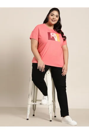 Sztori Women Plus Size Pink Typography Printed T-shirt