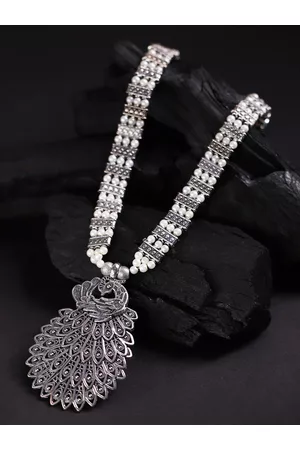 DEEBACO Silver-Toned & White Silver Silver-Plated Oxidised Necklace