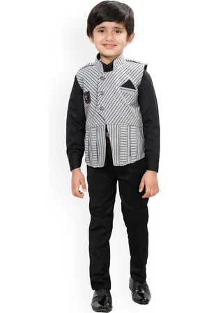 DKGF FASHION Boys Black Printed Shirt with Trousers & Waist Coat