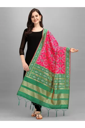Kalini Pink & Green Ethnic Motifs Woven Design Dupatta with Zari