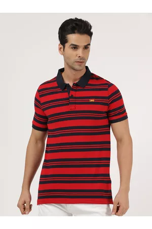 Lee Men Navy Blue & Red Striped Polo Collar Cotton T-shirt