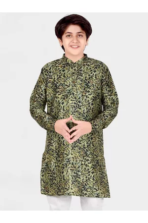 CAVIO Boys Olive Green Floral Printed Kurta with Pyjamas