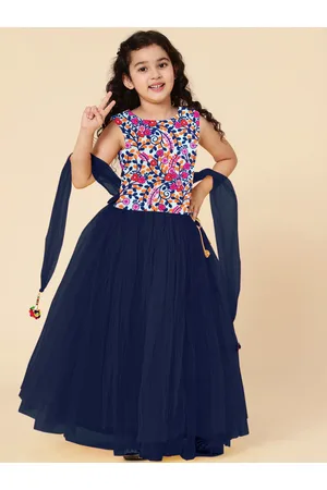 A.T.U.N. A T U N Girls Navy Blue & White Embroidered Ready to Wear Lehenga & Blouse With Dupatta