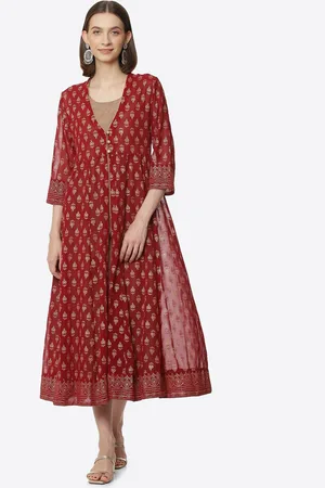 Rangriti Women Red & Gold-Toned Ethnic Motifs A-Line Georgette Maxi Dress