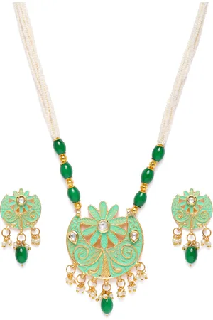 Kord Store Green Gold Plated Chand Shape Lariyat Haram Necklace & Earrings Set
