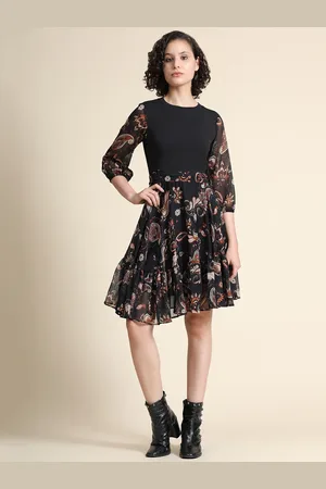 KERI PERRY Women Black Georgette Paisley Print Flared Western Dress