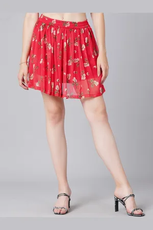 Cation Women Red Printed Floral Pleated Mini Flared Skirts