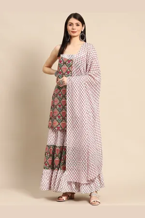 anayna Women Green Ethnic Motifs Printed Pure Cotton Kurta with Sharara & With Dupatta
