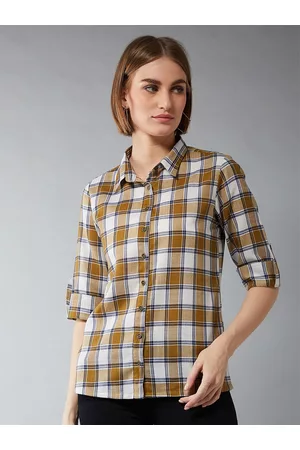 DOLCE CRUDO Women White & Mustard Checked Regular Fit Casual Shirt