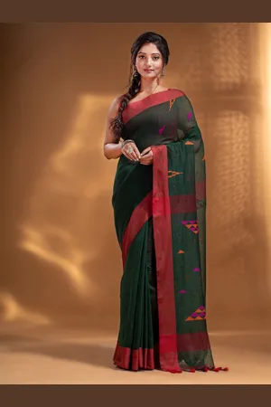 Arhi Green & Red Woven Design Zari Pure Linen Saree With Unstitched Blouse Piece