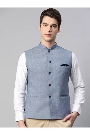 ESSAS club Men Blue Slub Self Design Jacket