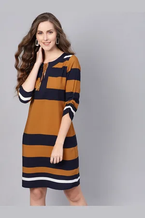 Sassafras Women Rust Brown & Navy Blue Striped Shift Dress