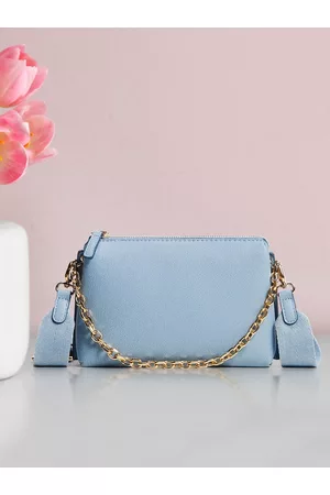 MANGO Bags - Blue Solid Structured Baguette Handheld Bag with Detachable Sling Strap