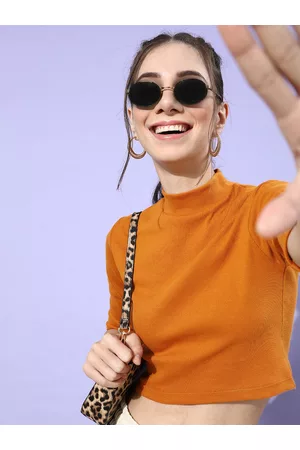 STREET 9 Woman Stylish Mustard Solid Cropped Top