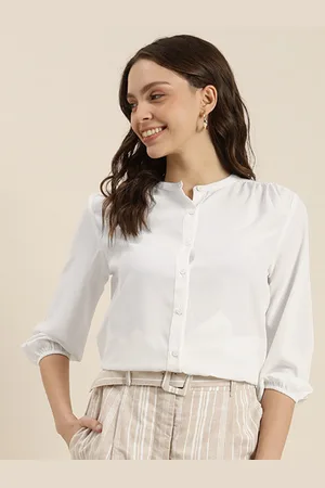 Invictus Women White Solid Mandarin Collar Casual Shirt