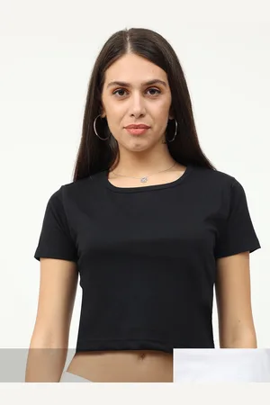 Fleximaa Women Pack of 2 White & Black Solid Round Neck Crop Pure Cotton Top