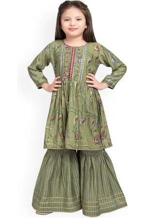 Betty Girls Olive Green Floral Embroidered Kurta with Sharara