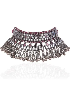 CURIO COTTAGE Red & Silver-Toned Silver-Plated Oxidised Choker Necklace