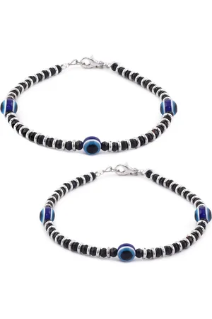 EL REGALO Set of 2 German Silver Blue & Black Evil Eye Beaded Anklets