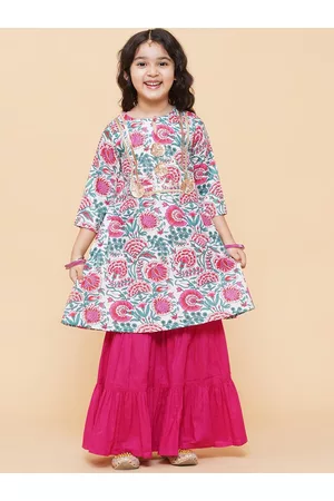 Bhama Girls White & Pink Floral Printed Pleated Kurta with Sharara