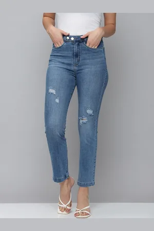 SHOWOFF Women Blue Jean Straight Fit High-Rise Mildly Distressed Light Fade Stretchable Jeans