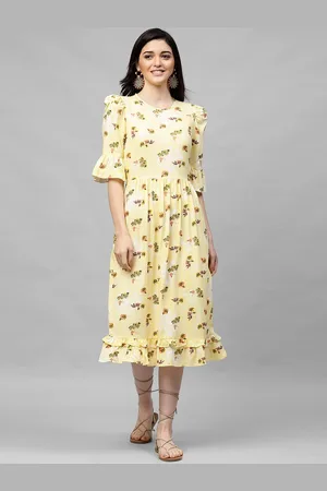 ATHENA Women Yellow Printed A-Line Dress