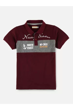 HELLCAT Boys Maroon & Grey Printed Polo Collar Bio Finish T-shirt