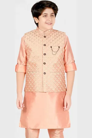 CAVIO Boys Pink Solid Thread Work Cotton Blend Kurta Set