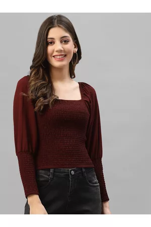 KASSUALLY Women Maroon Puff Sleeves Smocked Fitted Crop Top