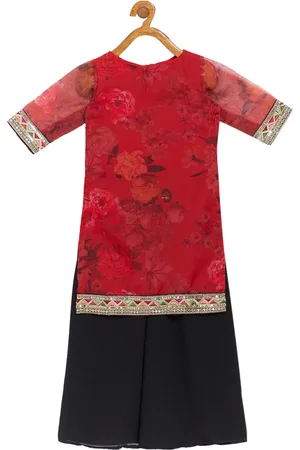 Ethnovog Girls Red Floral Printed Kurti with Skirt